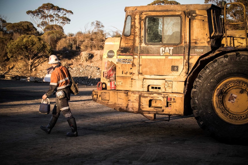 Mine worker with trucks in the background.