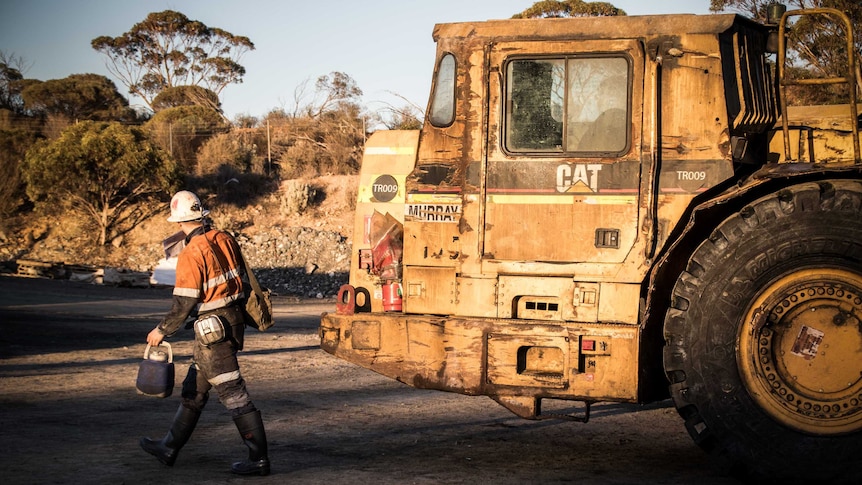 Mine worker with trucks in the background.