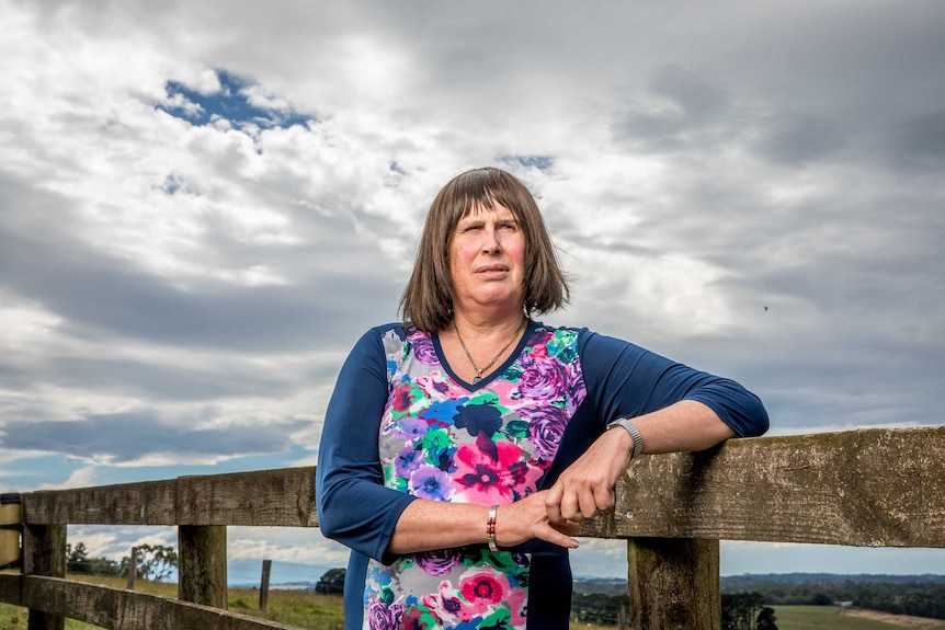 a woman in a blue floral dress leans up against a wooden farm fence in the country