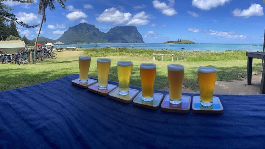 Six beers lined up on a table with Lord Howe Island waterfront in the background. 