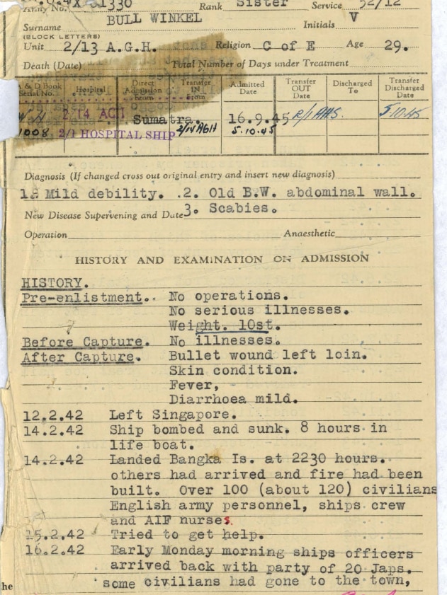 The first page of Vivian Bullwinkel's medical records from 1945.