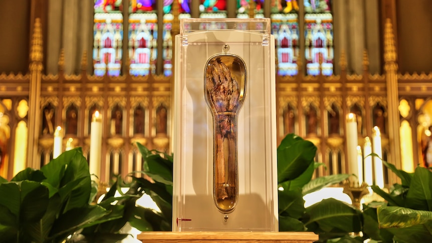 A mummified arm of a saint in a glass case, displayed inside a church