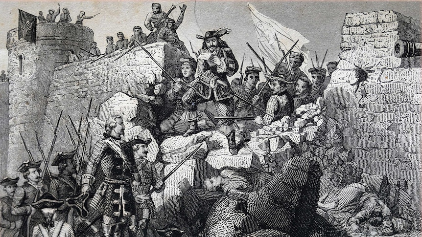 An etching depicts the Spanish defeat of the Catalonians.