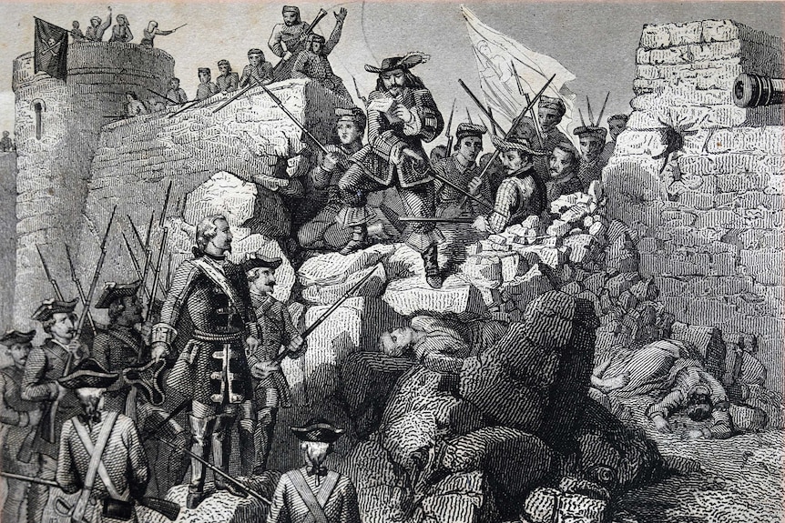 An etching depicts the Spanish defeat of the Catalonians.