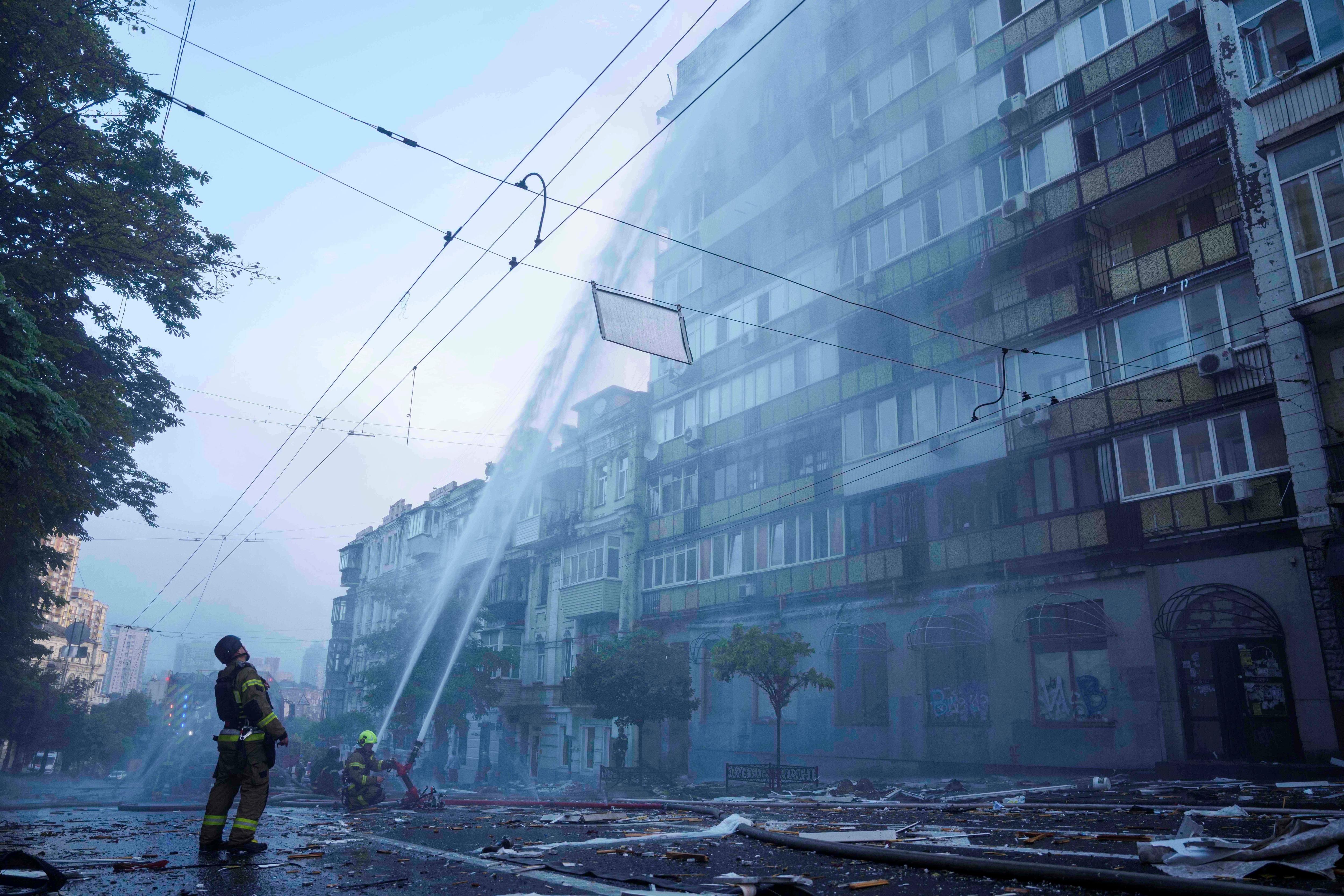 Mist over a damaged apartment building 