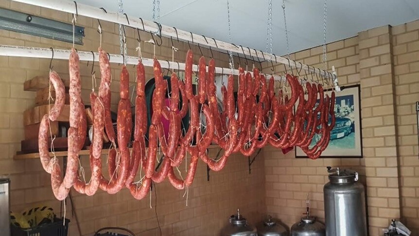 Salva's sausages hanging up to dry