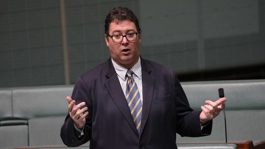 Mr Christensen is standing in the parliament with his elbows down and hands raised in the air