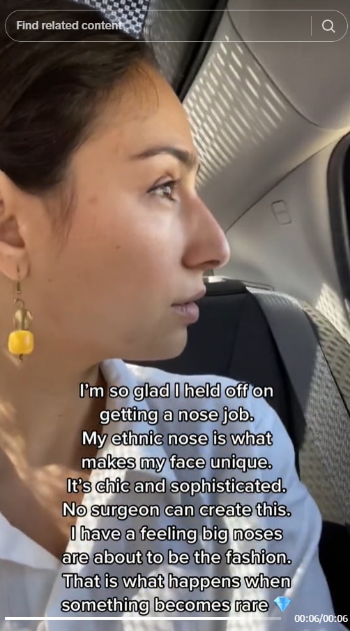 Screenshot of @azoharable TikTok video about embracing her ethnic nose and not getting surgery: photo shows her side profile.