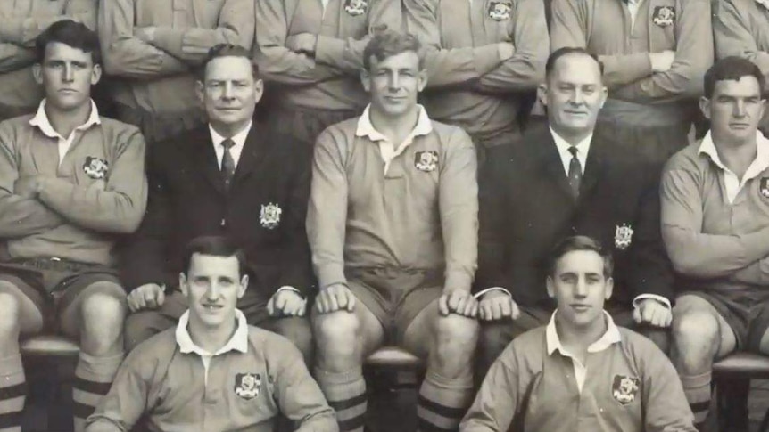 Black-and-white image of a rugby union captain