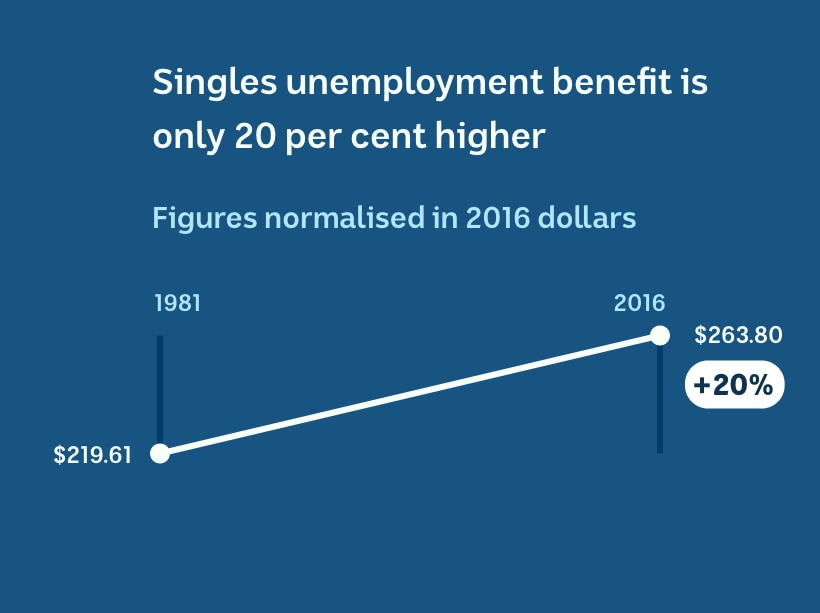In 1981, singles unemployment benefit was $219 (in 2016 dollars). It has gone up to $264 in 2016.