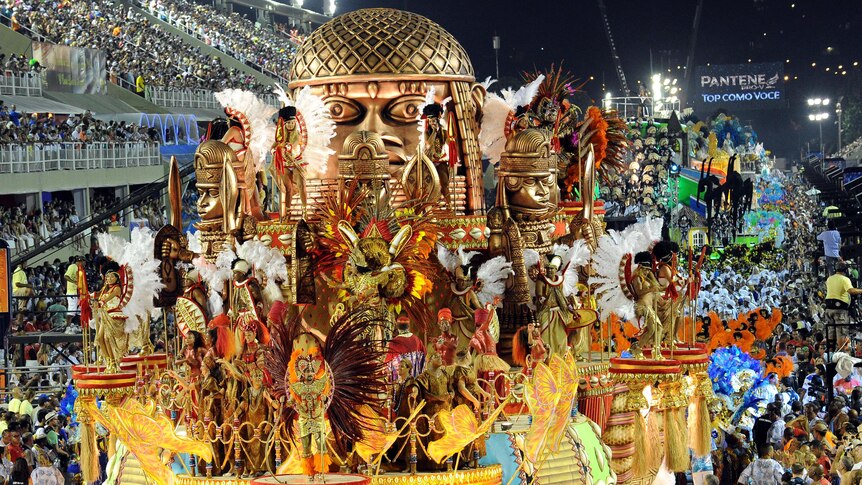 Members of the Portela samba school perform during the Sambadrome parade's first night.