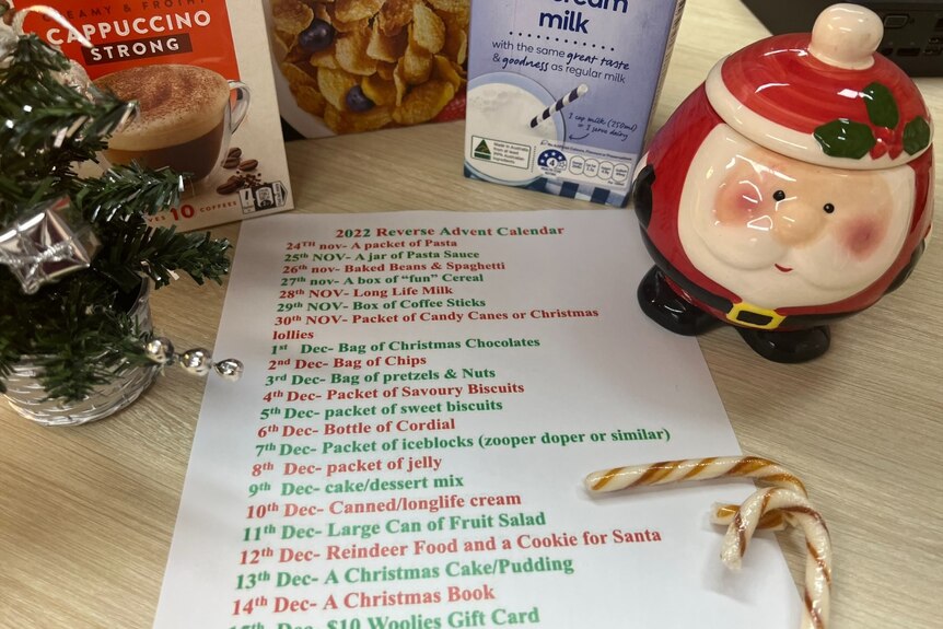 List from Nov 24 to Dec 15 with a different party grocery item next to each date e.g. pretzels, Christmas chocolates, cake mix