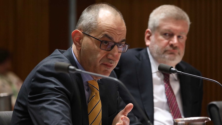 Home Affairs Secretary Mike Pezzullo speaking at a committee hearing, wearing glasses and a yellow tie. Mitch Fifield watches on