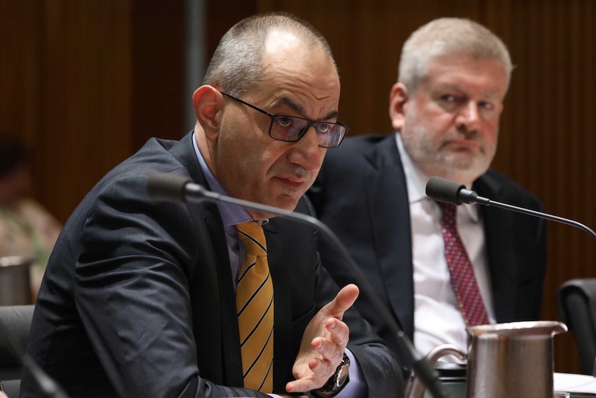 Home Affairs Secretary Mike Pezzullo speaking at a committee hearing, wearing glasses and a yellow tie. Mitch Fifield watches on