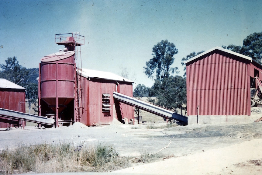 Several red tin structures at an asbestos mine in Baryulgi, pictured in the 1960s
