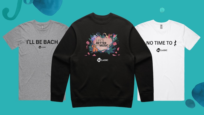 3 jumpers, 1 reads 'I'll be Bach', 1 a heart graphic with 'Life's better with music', 1 has 'no time to rest' with a rest symbol