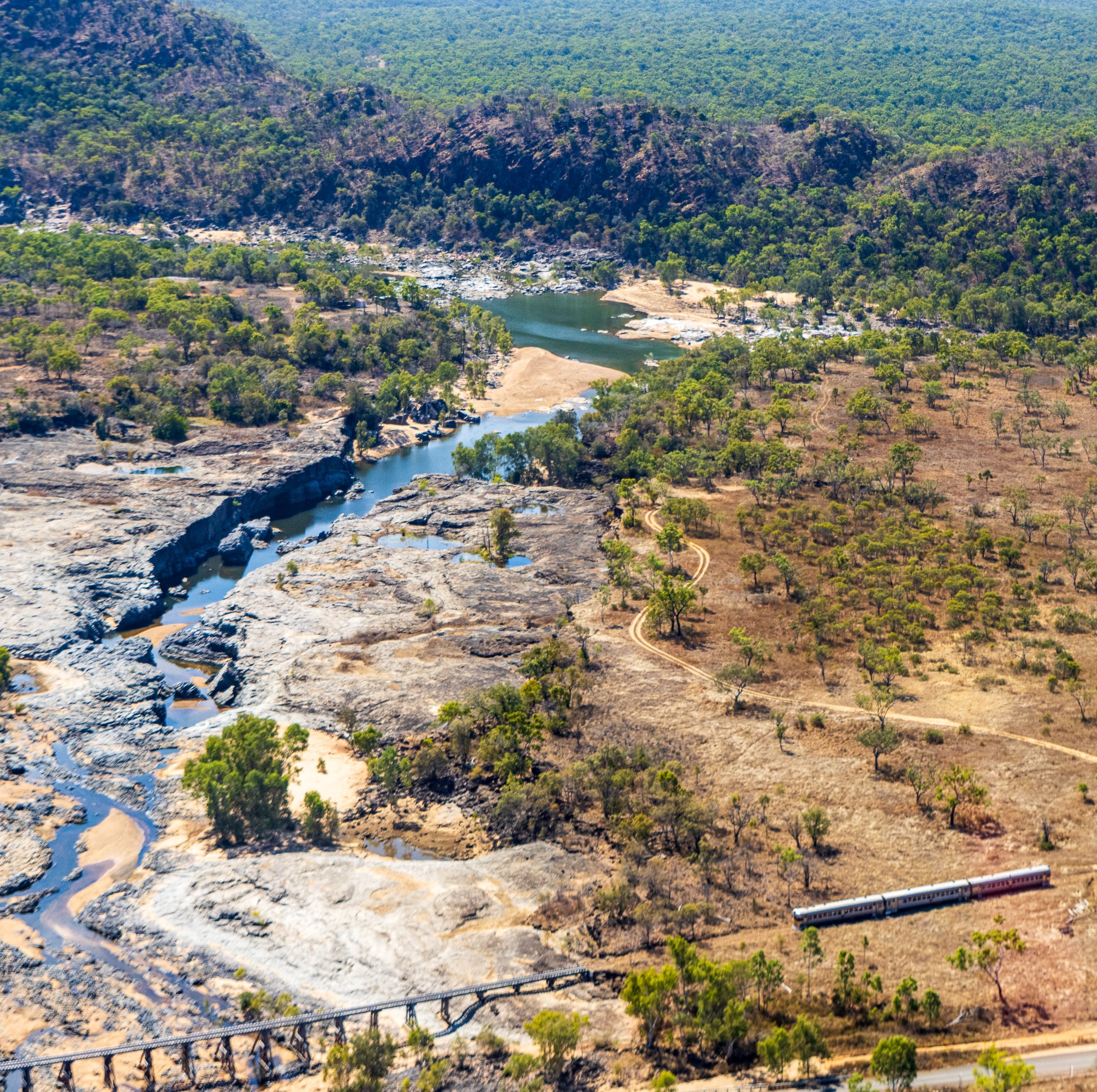 Dramático rugido de tren y puente de madera en un paisaje de arbustos con río.