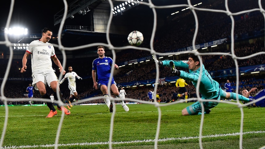 Zlatan Ibrahimovic scores for PSG against Chelsea in the Champions League match in London in 2016.