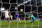 Zlatan Ibrahimovic scores for PSG past Chelsea keeper Thibaut Courtois in the Champions League
