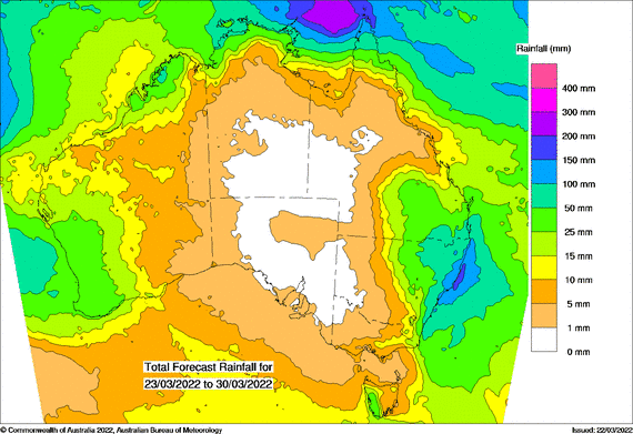 Map showing green over the east, north and south west indicating fall of between 50mm and 150mm are forecast over the next 8 day
