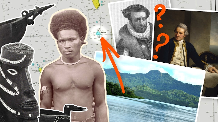 A composite graphic shows an island on a map, a person from the Pacific Islands, and two European explorers.