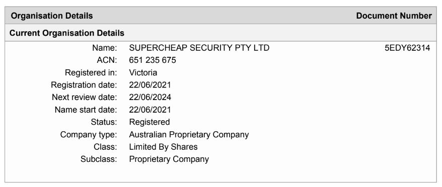 A screenshot of an ASIC document with details about Supercheap Security Pty Ltd.