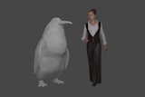 An animated 3D model of a large penguin stands at shoulder height beside a woman.