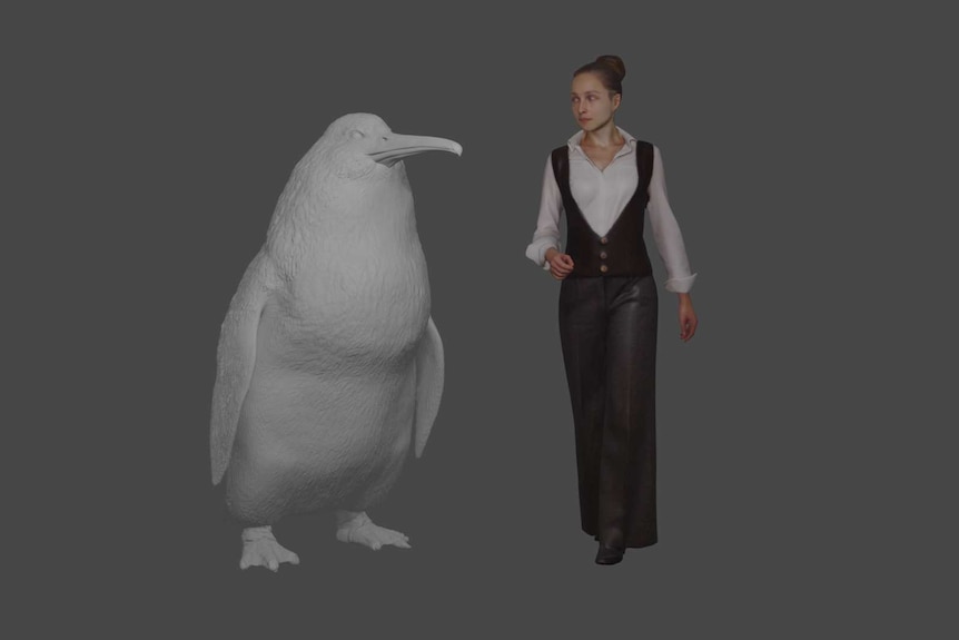 An animated 3D model of a large penguin stands at shoulder height beside a woman.