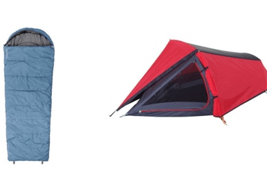 A composite image of a blue sleeping bag and red and black camping tent against a white background.