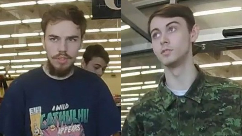 A composite of two CCTV stills of two young men leaving a store.