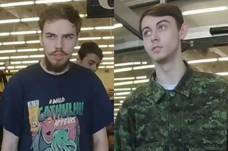 A composite of two CCTV stills of two young men leaving a store.