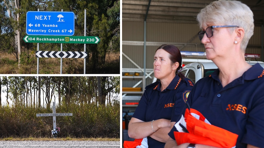 A collage of pictures -a  sign on the side of the highway, a cross on the side of the road and two women wearing SES shirts