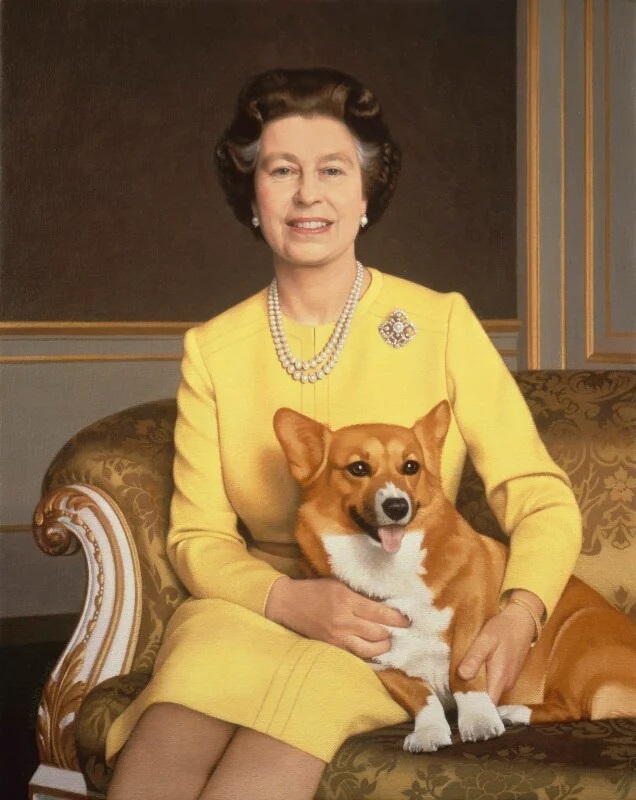 A painting of a kind-looking Queen Elizabeth II on a gold-leaf-patterned couch with a corgi resting against her leg.