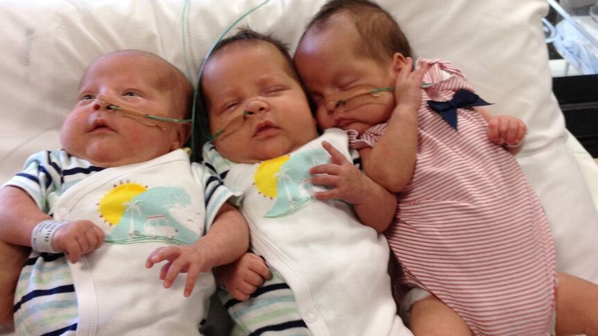 The triplets lie beside one another in hospital at three months of age