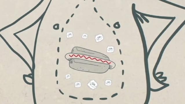 Graphic image a hotdog in a person's stomach