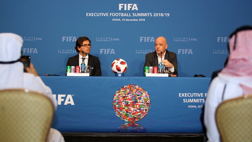 FIFA president Gianni Infantino speaks during a news conference in Doha, Qatar on December 13, 2018.