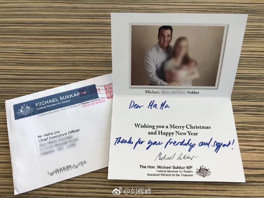 Haha Liu received a Christmas card from Liberal MP Michael Sukkar.