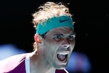 A Spanish male tennis player screams out during an Australian Open match.