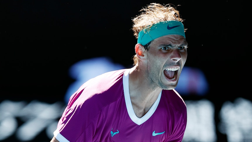 A Spanish male tennis player screams out during an Australian Open match.