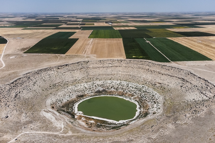 A large sinkhole filled with greenish water is seen from above, next to fields of crops