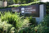 Image of university sign behind shrubs