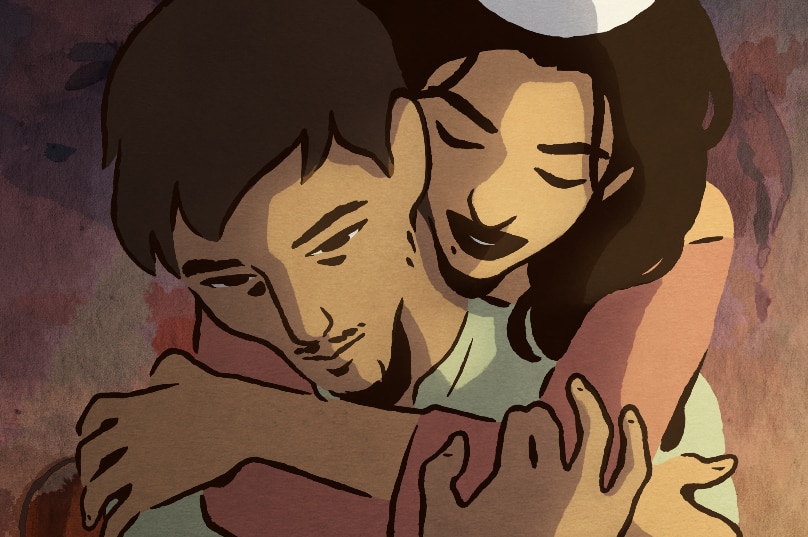 In an animated scene a dark haired woman embraces a downbeat looking dark haired man from behind.