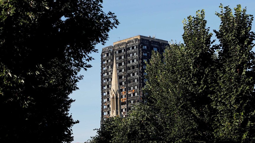 A burnt out Grenfell Tower seen behind trees.