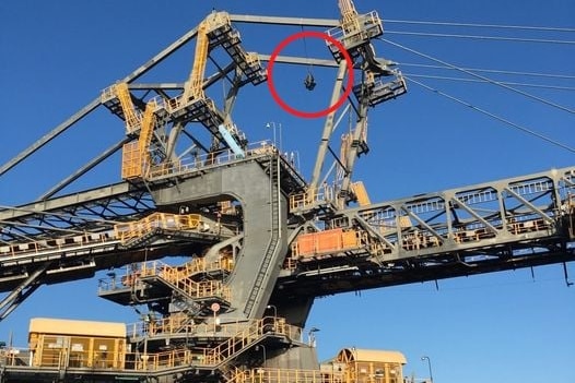 A large peice of port machinery, with a protester suspended from it.