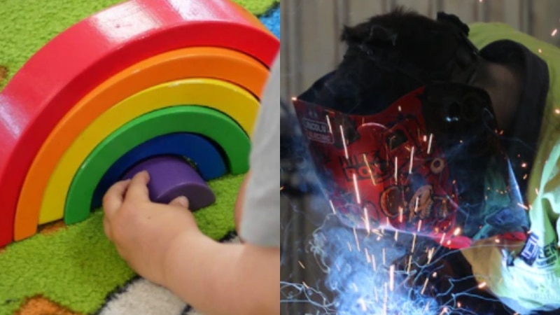 A composite image of a young child playing with a rainbow toy and someone welding with a welding mask on and sparks flying