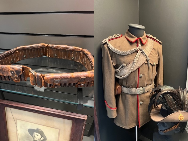 A composite image of an artefact military belt, and then an artefact soldier uniform, both in brown tones, in a museum.