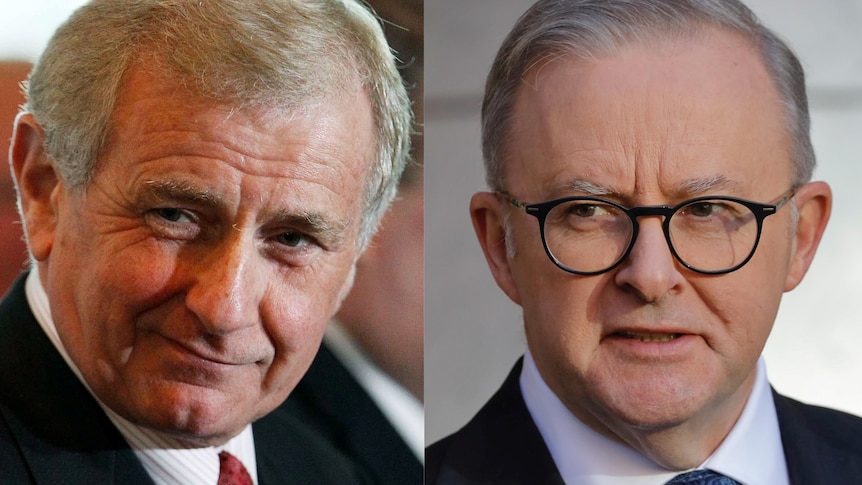 A photo of Simon Crean on the left and Albanese on the right, both wearing suits with serious facial expressions. 
