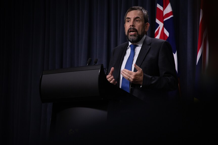 A man with a beard in a suit speaks at a lectern before some Australian flags.