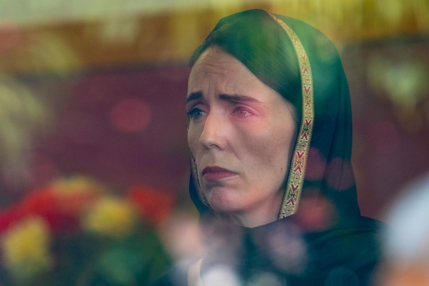 New Zealand Prime Minister Jacinda Ardern wearing a hijab.