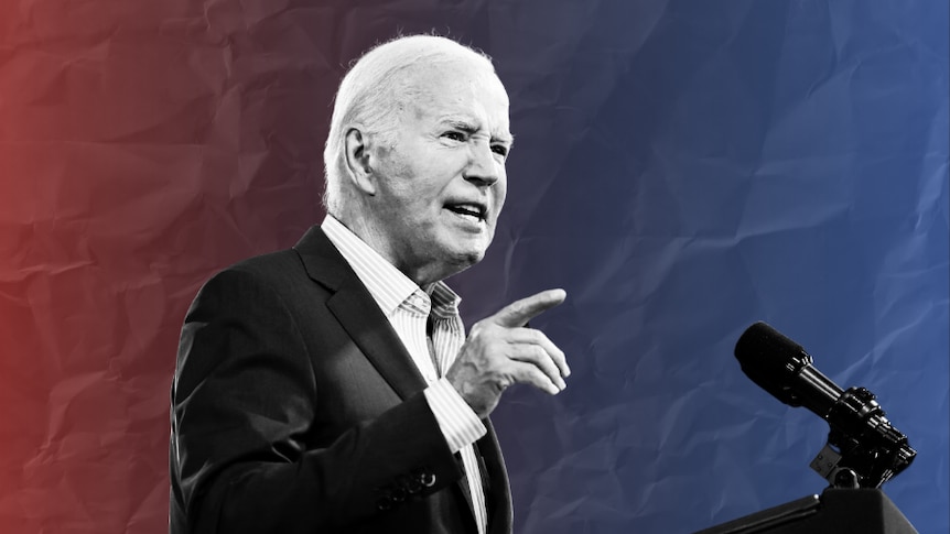 Joe Biden in black and white against a red blue gradient speaking at a podiumj 